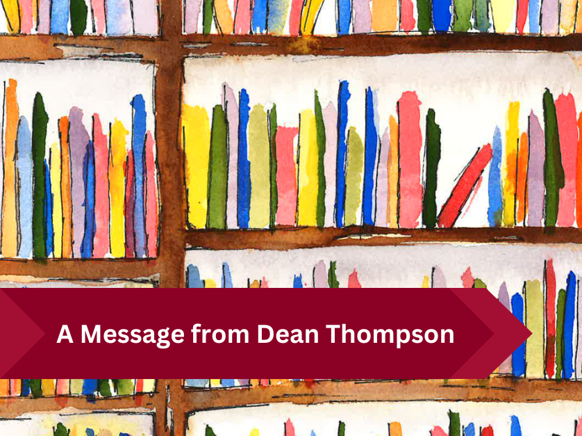 A message from Dean Thompson over a decorative watercolor background depicting a colorful bookshelf.